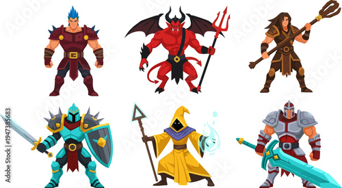 Fantasy warrior character set with knight mage demon barbarian paladin fighter cartoon vector game avatars isolated illustration pack rpg heroes