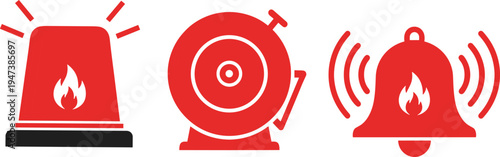 Fire alarm icons set, emergency alert siren bell symbols, safety warning notification signs vector illustration design