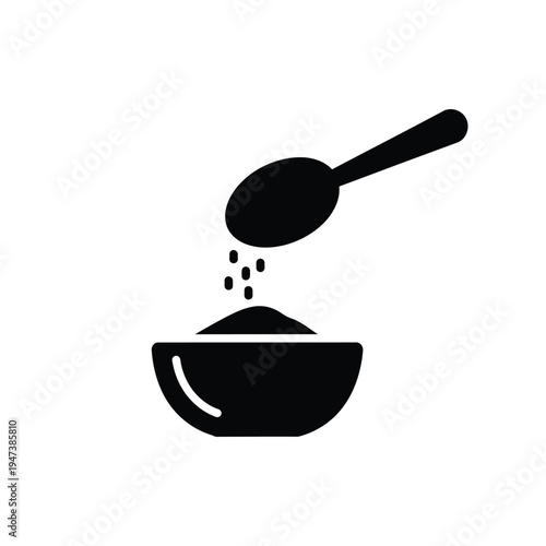 Spoon pouring powder or granular ingredients into bowl for cooking or baking vector illustration, preparing food black glyph icon on white background