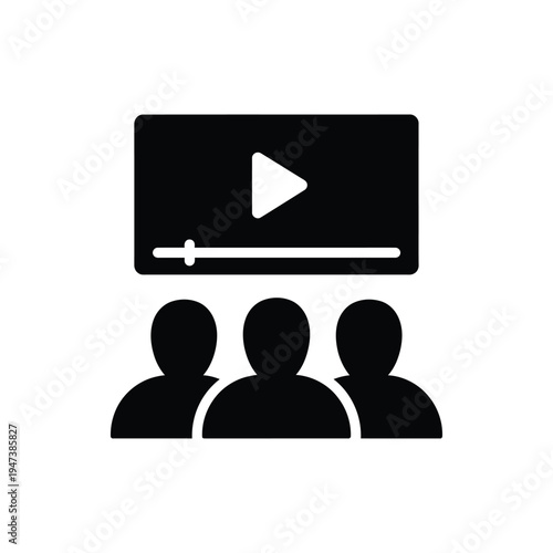Audience watching video screen icon representing online learning webinar and cinema presentation concepts with three people silhouettes viewing digital content for education and media streaming