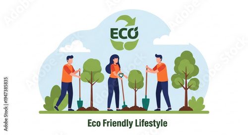 Three people planting trees eco friendly lifestyle with eco logo and green earth