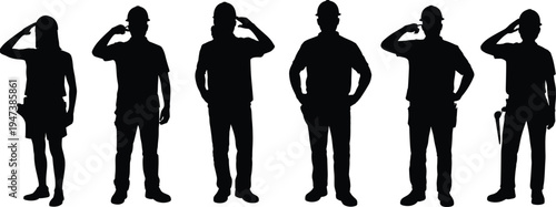 Construction worker silhouettes saluting set, male and female builders in safety helmets showing respect gesture, industrial labor team vector illustration isolated