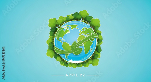 Earth day illustration with green leaves and globe on blue background symbolizing environmental conservation and sustainability on april 22