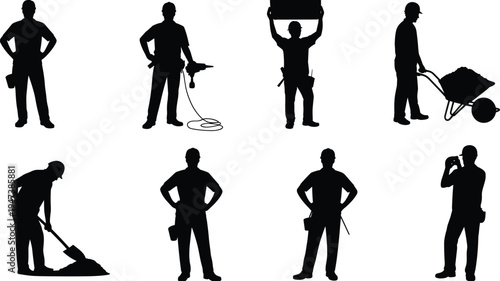 Construction worker silhouettes set, builder and laborer poses collection, industrial workers with drill, shovel and wheelbarrow, black vector isolated on white