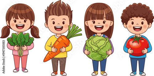 Happy children holding vegetables, healthy eating kids, fresh carrot cabbage tomato spinach, cute cartoon nutrition education concept illustration colorful isolated