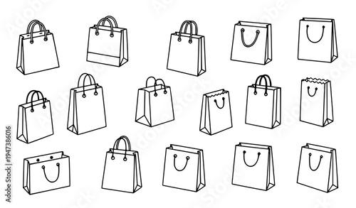 Hand Drawn Shopping Bags Doodle Icon Collection Paper Tote and Gift Bags Vector Outline