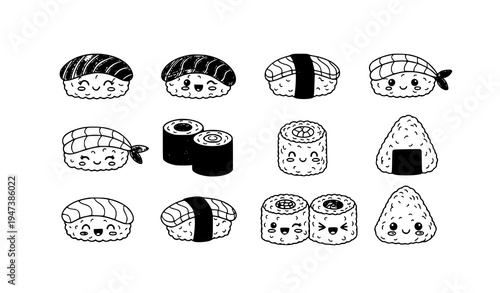 Hand Drawn Sushi Doodle Icon Set Cute Kawaii Japanese Food Sketch Vector Clipart