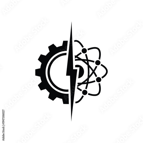 Modern engineering concept with atom symbol gear and lightning bolt technology idea innovation science industry and power energy electricity connection symbol