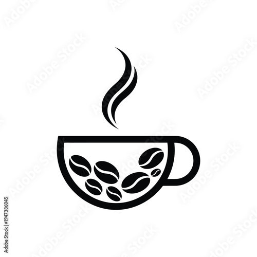Steaming coffee cup filled with coffee beans on white background hot beverage aroma aroma steam graphic design symbol for cafe and coffee shop