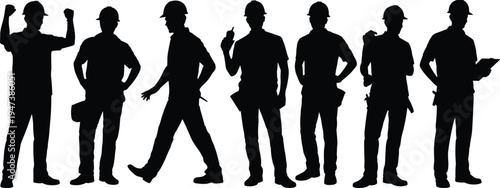 Construction worker silhouettes set, builder engineer team collection, men wearing safety helmets holding tools and clipboard, industrial labor workforce vector illustration