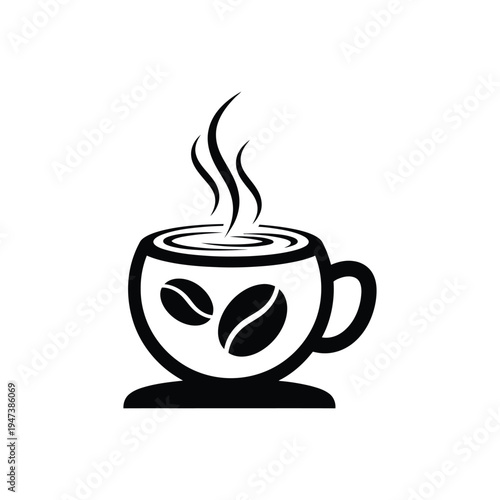 Coffee cup with coffee beans icon vector illustration hot steaming beverage outline drawing aroma caffeine drink morning energizer