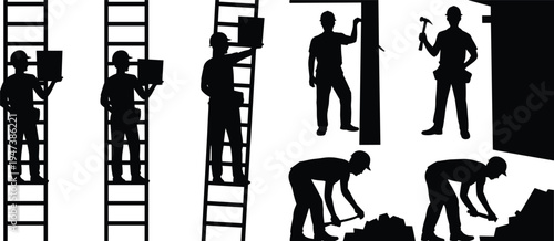 Construction worker silhouettes set, builder working on ladder painting wall and laying bricks, handyman labor activities vector illustration isolated