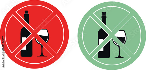 No alcohol prohibition signs set, wine bottle glass forbidden symbols, red green restriction icons, alcohol ban warning vector illustration