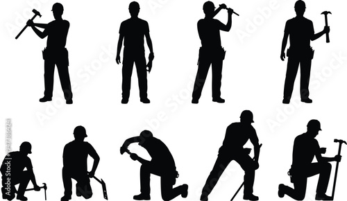 Construction worker silhouettes set, builders using hammer and tools in standing, working and kneeling poses, industrial repair labor vector illustration collection