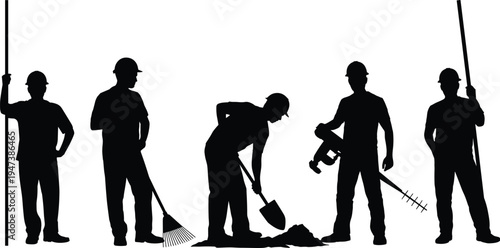 Construction worker silhouettes set, builders using shovel, rake and power drill tools in working poses, industrial labor workforce vector illustration