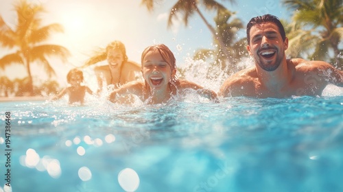 Happy Family Swimming in Tropical Ocean Water with Palm Trees and Sunlight.