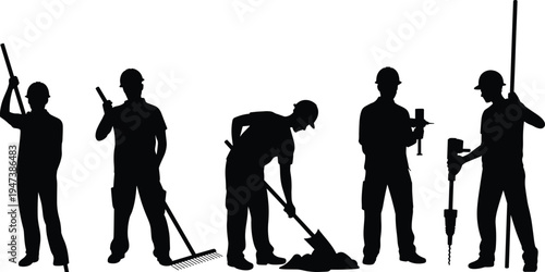 Construction worker silhouettes set, builders using shovel, rake, drill and digging tools in working poses, industrial labor team vector illustration collection