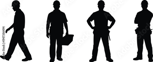 Construction worker silhouettes set, builders wearing safety helmets with toolbox and tool belt, standing and walking poses, industrial labor team vector illustration