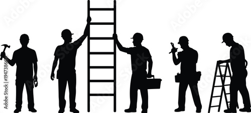 Construction worker silhouettes set, builders with ladder and tools poses, industrial labor characters collection, black vector illustration isolated on white background