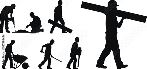 Construction worker silhouettes set, industrial labor people working with tools, drilling digging carrying beam, builder team vector illustration, construction industry workforce concept