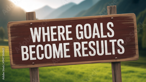 Rustic Wooden Signboard Displaying Where Goals Become Results Motivational Text with Mountain and Green Field Background. Inspiring Achievement and Success Quote Concept.
