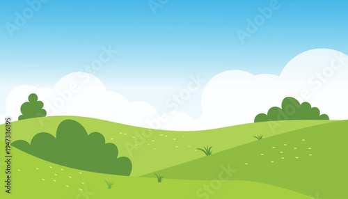 Minimal Flat Vector Landscape of Rolling Green Hills and Blue Sky