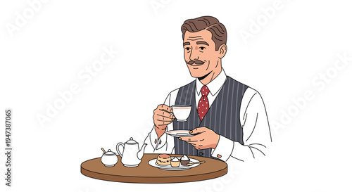 A distinguished man with a mustache, wearing a pinstripe vest and red tie, is sitting at a round table holding a teacup with desserts.