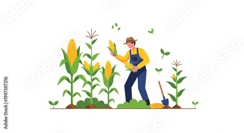 A male farmer wearing blue overalls and a straw hat is harvesting several ears of corn from tall green stalks in a field with a shovel.