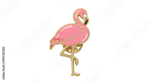 A charming illustration depicts a glossy pink flamingo enamel pin with golden metallic outlines, standing elegantly on one leg, presented against a pristine white background.