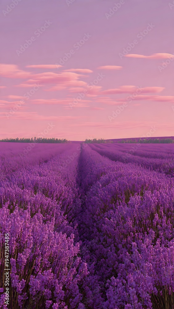 Obraz premium Endless Lavender Field in Bloom Under Soft Pink Sunset Sky