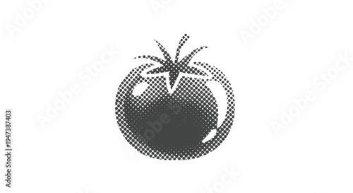 A striking monochromatic halftone illustration depicts a single round tomato with a small stem, rendered entirely through a stippled dot pattern on a clean white background.