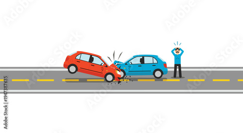 Two cartoon cars, red and blue, collide head-on on a grey road with a yellow dashed line; a distressed man stands nearby.