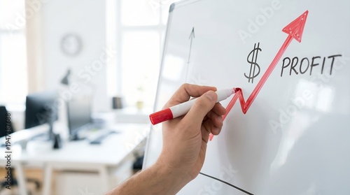 Close up of a hand writing Profit on a white board with upward arrow