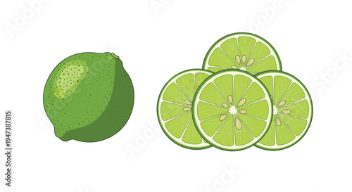 A whole green lime is placed beside a cluster of four bright green lime slices, showcasing their segmented pulp.