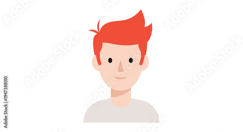A simple cartoon bust of a young man with bright orange, spiky hair and a light gray shirt is depicted facing forward against a plain white background.