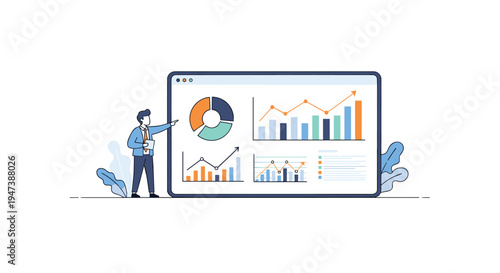 A businessman in a blue suit stands beside a large digital screen displaying various colorful data charts and graphs, with decorative blue leaves.