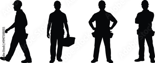 Construction worker silhouettes walking and standing with toolbox and tool belt, professional builders at worksite, manual labor industry vector illustration set