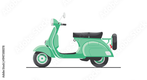 A retro-style mint green scooter with black seats and a spare tire is parked on a thin gray line, presented in a clean side-profile illustration.
