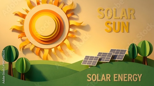 Solar panels and a paper sun illustrating a clean energy concept. The scene features solar panels on green paper hills and trees, with the sun shining brightly above.