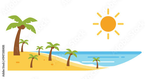 A vibrant cartoon illustration showcases a sunny tropical beach with multiple green palm trees lining the sandy shore beside a calm blue ocean.