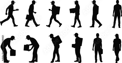 Delivery worker silhouettes collection, courier carrying packages and boxes in walking, standing and lifting poses, logistics shipping service vector illustration set