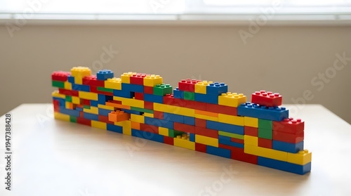Top view of a colorful pile of plastic building blocks and geometric shapes on a light wooden table