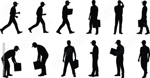 Delivery worker silhouettes collection, courier carrying packages and briefcases in walking and standing poses, logistics service team vector illustration set