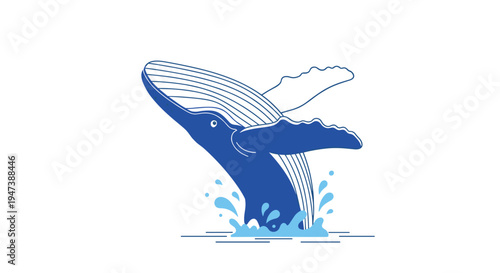 A large blue whale is dynamically depicted breaching out of stylized blue water with splashes and ripples against a pure white background.