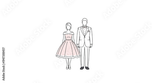 A formally dressed couple, with the woman in a pink dress and the man in a suit, stands side-by-side in a minimalist line art style on a white background.
