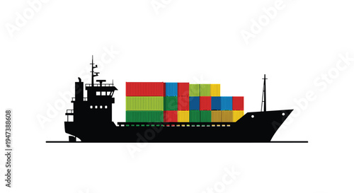 A black silhouette of a large cargo ship, laden with multiple vibrant shipping containers, sails horizontally across a pristine white background.