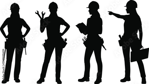 Female construction worker silhouettes collection, women builders with helmets, tools, wrench, clipboard and toolbox in standing poses, industrial labor vector illustration