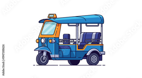 A vibrant illustration portrays a blue and orange three-wheeled tuk-tuk auto-rickshaw with a blue canopy and orange trim against a plain white background.