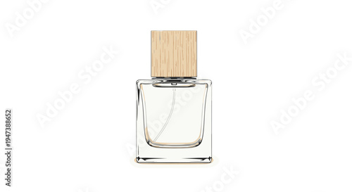 A realistic illustration showcases a clear, rectangular glass perfume bottle with a light brown wooden cap and a silver collar on a white background.