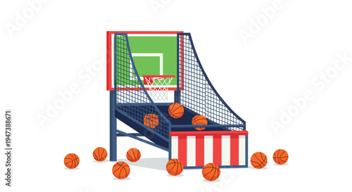 A detailed illustration shows a red, white, and blue basketball arcade game with a green backboard and multiple orange basketballs scattered around.